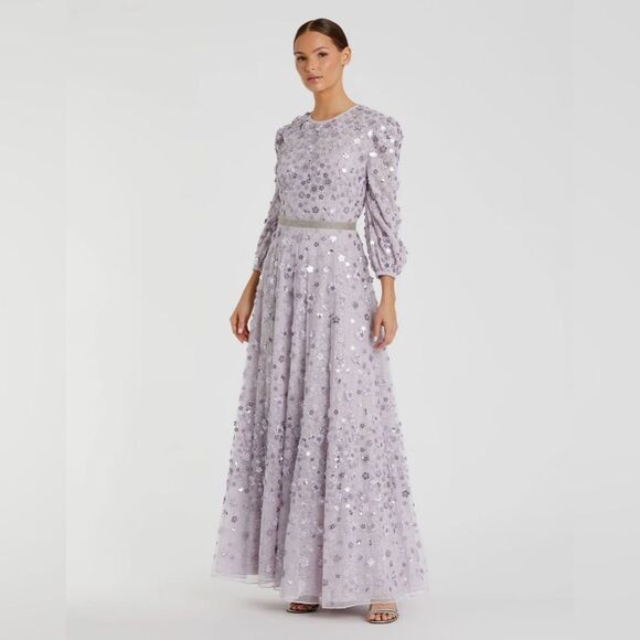 Mac Duggal Purple Floral Applique Puff Sleeve High Neck A-Line Gown Dress - Picture 3 of 15